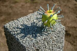 A green apple with nails stuck like a head in a film Hellraiser lies on a block on a sunny day. Abstraction. Selective focus. Brown blurred background. photo