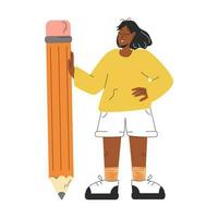 Young Dark-skinned Girl Standing Near Large Pencil. Copywriting And Blogging Concept.  Vector Stock Illustration Isolated On White Background.