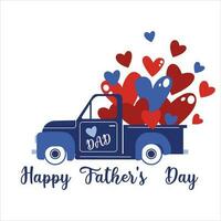 conjunto de saludo tarjeta con letras contento del padre día y linda mano dibujo corazones forma. azul camión es lleno de corazones. amor para papá. saludos y regalos para del padre día. vector