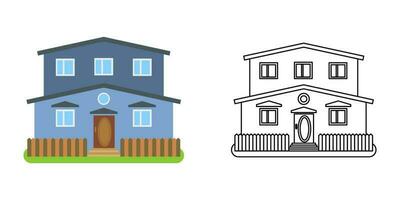 House front view in flat and line style on white background. Isolated cottage and real estate building facade. Vector illustration