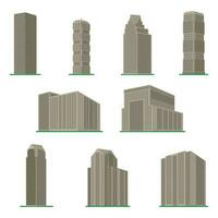 Set of nine modern high-rise building on a white background. View of the building from the bottom. Isometric vector illustration.