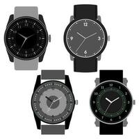 Set of four black and white watches on white background. Clock face with hour, minute and second hands. Vector illustration.