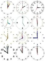 A set of different mechanical clocks with an image of each of the twelve hours. Clock face on white background. vector