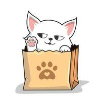 Cat in Paper Bag Illustration - Cute White Cat in Shopping Bag - Waving Paws vector