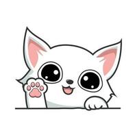 White Cat Kawaii Waving Paws Hand - Cute White Pussy Cat Cartoon vector