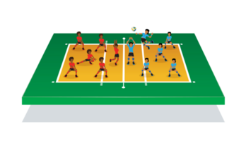 Isometric illustration for people attack volleyball ball on 3d volleyball field png