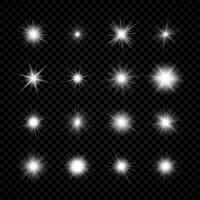 Light effect of lens flare. Set of sixteen white glowing light explodes with starburst effects and sparkles. Vector illustration