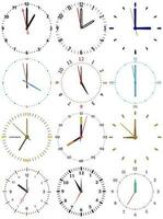 A set of different mechanical clocks with an image of each of the twelve hours. Clock face on white background. vector