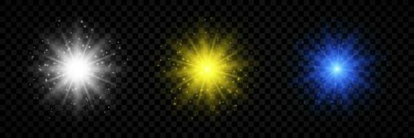 Light effect of lens flares. Set of three white, yellow and blue glowing lights starburst effects with sparkles. Vector illustration