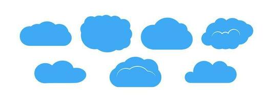 Set of seven blue clouds on white background. Vector illustration.