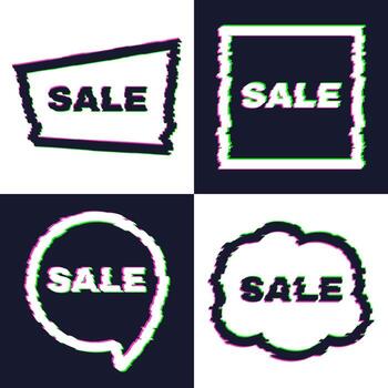 Set of four distorted glitch sale banners with error effect on the edges and in text. Vector illustration.