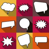 Set of nine cartoon comic balloon speech bubbles in flat style. Elements of design comic books without phrases. Vector illustration