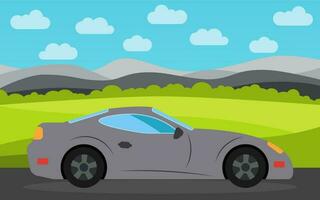 Gray sports car in the background of nature landscape in the daytime. Vector illustration.