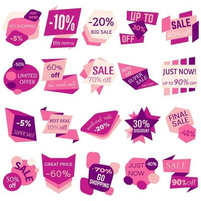 Set of Sale Discount Labels, Tags, Emblems. Web collection of stickers and badges for sale. Isolated vector illustration.