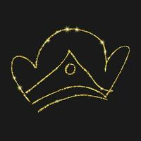 Gold glitter hand drawn crown. Simple graffiti sketch queen or king crown. Royal imperial coronation and monarch symbol isolated on dark background. Vector illustration.