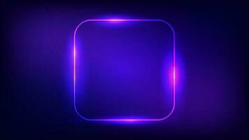 Neon rounded square frame with shining effects on dark background. Empty glowing techno backdrop. Vector illustration.