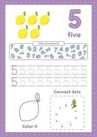 Learning numbers. Number 5. Trace, color, dot to dot on one page vector