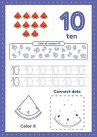 Learning numbers. Number 10. Trace, color, dot to dot on one page vector