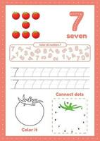 Learning numbers. Number 7. Trace, color, dot to dot on one page vector