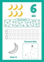 Learning numbers. Number 6. Trace, color, dot to dot on one page vector