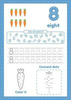 Learning numbers. Number 8. Trace, color, dot to dot on one page vector