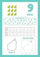 Learning numbers. Number 9. Trace, color, dot to dot on one page vector