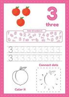 Learning numbers. Number 3. Trace, color, dot to dot on one page vector