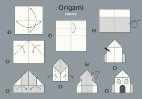 Tutorial origami scheme with house. isolated origami elements on grey backdrop. Origami for kids. Step by step how to make origami house. Vector illustration.