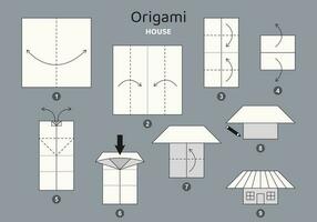 Tutorial origami scheme with small house. isolated origami elements on grey backdrop. Origami for kids. Step by step how to make origami house. Vector illustration.