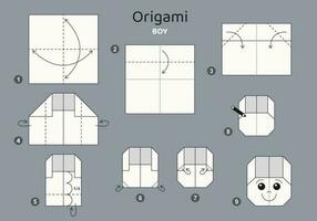 Tutorial origami scheme with boy. isolated origami elements on grey backdrop. Origami for kids. Step by step how to make origami boy. Vector illustration.