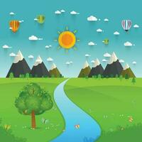 river flowing through mountains, hills and through fields vector