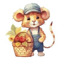 Watercolor Cute Lion With Cap and Jump Suit Hold Fruit Basket vector