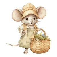 Watercolor Cute Mouse With Hat and Clothes Carry Vegetable Bag vector