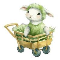 Watercolor Cute Lamb On Top Of Wheel Barrow Full of Grass vector