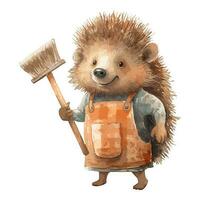 Watercolor Cute Hedgehog With Red Clothes Hold A Broom vector