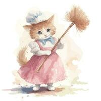 Watercolor Cute Kitten With Hat, Maid Apparel and Broom vector