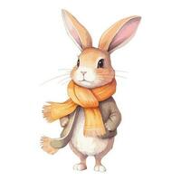 Watercolor Cute Hare With Cotton Scarf, and Jacket vector