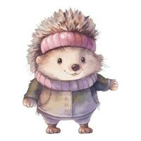 Watercolor Cute Hedgehog With Cotton Bandana, Scarf and Jacket vector