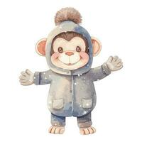 Watercolor Cute Monkey With Cotton Hat, and Jacket vector