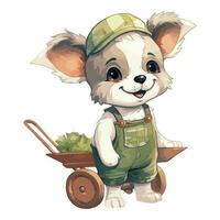 Watercolor Cute Puppy With Green Cap and Jumpsuit Standing Next To Wheel Barrow Full of Grass vector