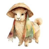 Watercolor Cute Alpaca With Hat and Blanket vector