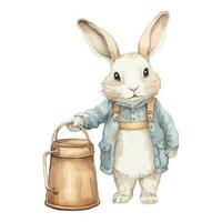 Watercolor Cute Hare With Farm Milk Can vector