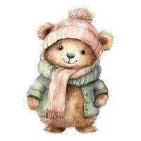 Watercolor Cute Grizzly Cub With Cotton Hat, Scarf, and Jacket vector