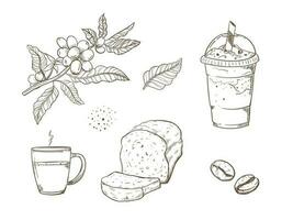 Hand drawn Coffee branch elements set. bread, ice coffee cup vector