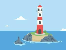 Light house on rocks at day. light tower vector