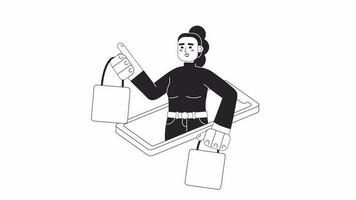 en línea compras pasatiempo bw animación. animado contento dama con pantalones muestra fuera móvil teléfono 2d plano monocromo Delgado línea personaje. 4k vídeo concepto imágenes, alfa canal transparencia para web diseño video