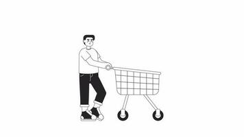 Animated bw man with push cart. Smiling boy on grocery shopping animation. Isolated 2D flat monochromatic thin line character 4K video footage on white with alpha channel transparency for web design