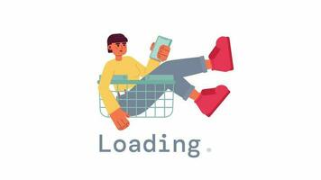 Animated online buyer loader. Girl with phone in shopping basket animation. Flash message 4K video footage. Isolated color loading progress indicator with alpha channel transparency, UI UX web design