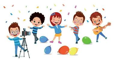 niños teniendo divertido a un fiesta con globos y globos vector