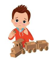 Sad boy with wooden train cars on a white background. vector